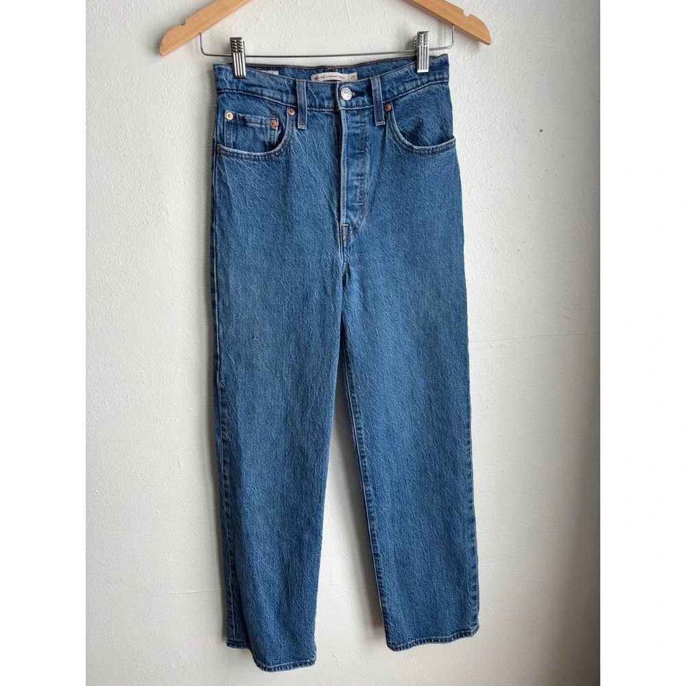 Levis Ribcage Straight Ankle Jean Women Medium Wash Blue High Rise (fits 25x27) - Picture 2 of 12